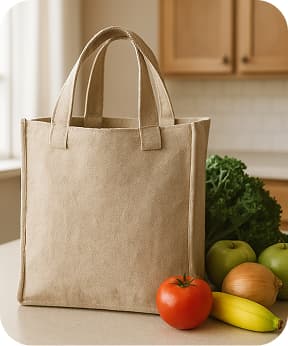 A strong shopping tote with reinforced handles, made from recycled fabric