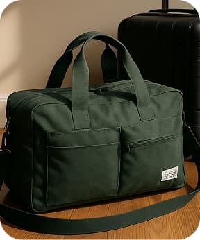A spacious travel duffle bag made from recycled materials
